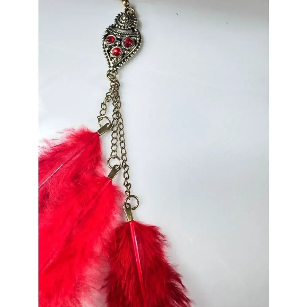Red Feather Drop Earrings - Statement Feather Jewelry